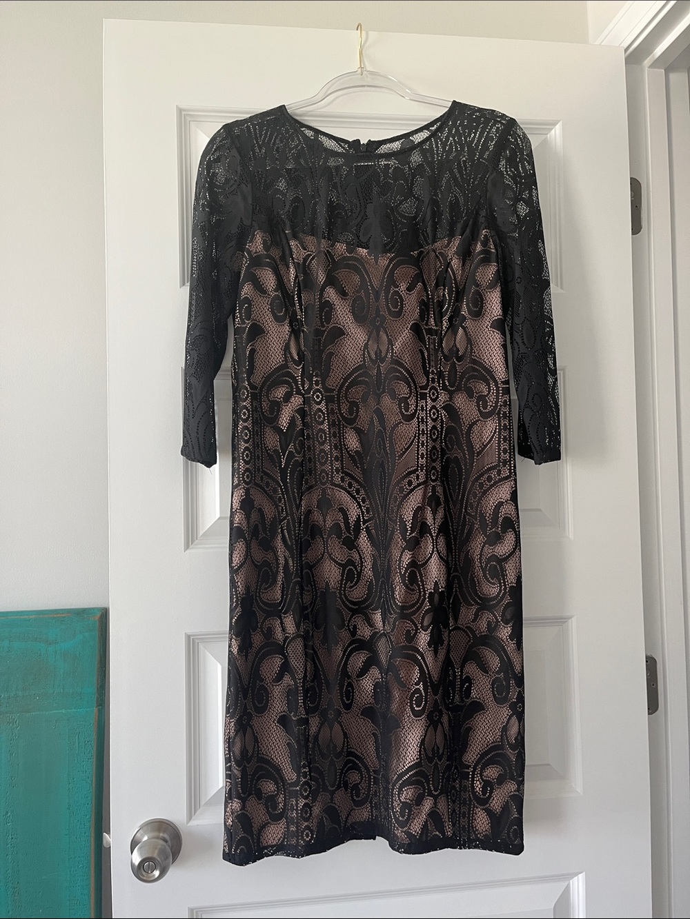 Adrianna Papell Black Lace Overlay Dress with Taupe Underlay